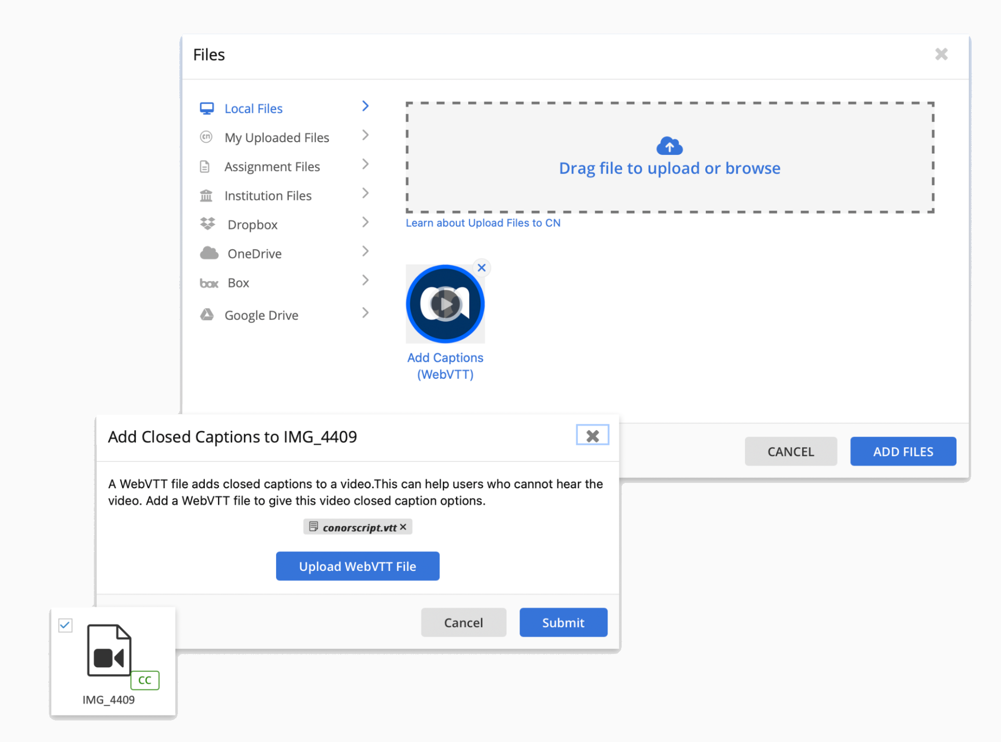 A video upload with an 'Add Closed Captions' dialog accepting a WebVTT file, modeled on the alt-text flow.
